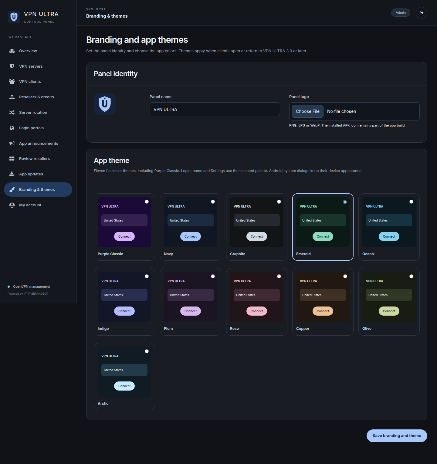 VPN ULTRA branding and themes panel