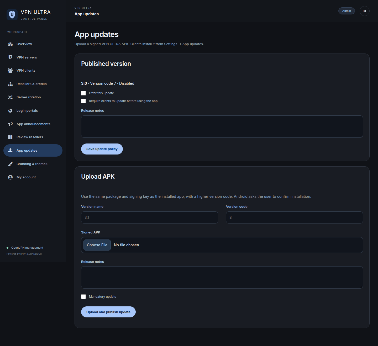 VPN ULTRA app updates panel