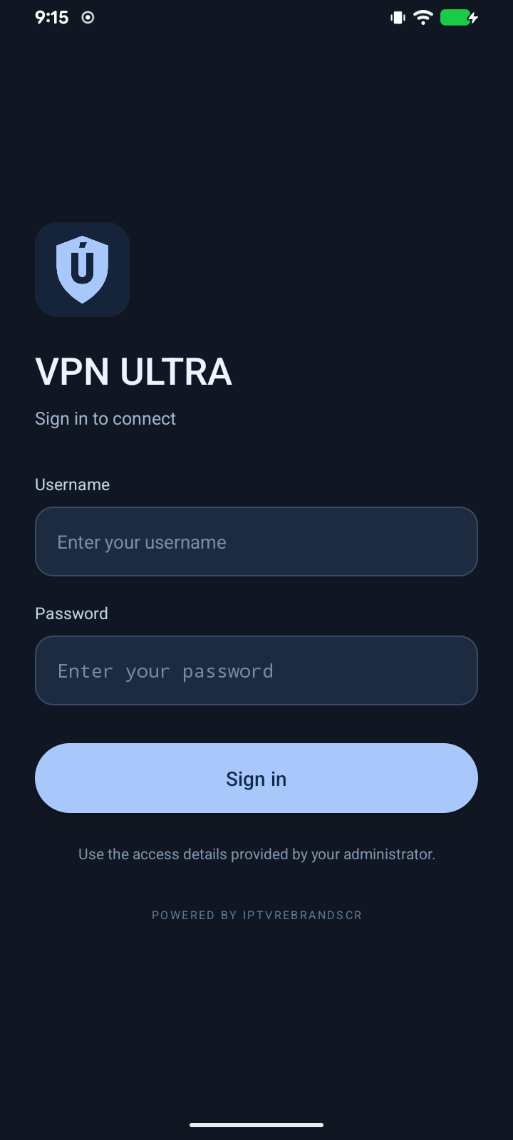 VPN ULTRA mobile login screen