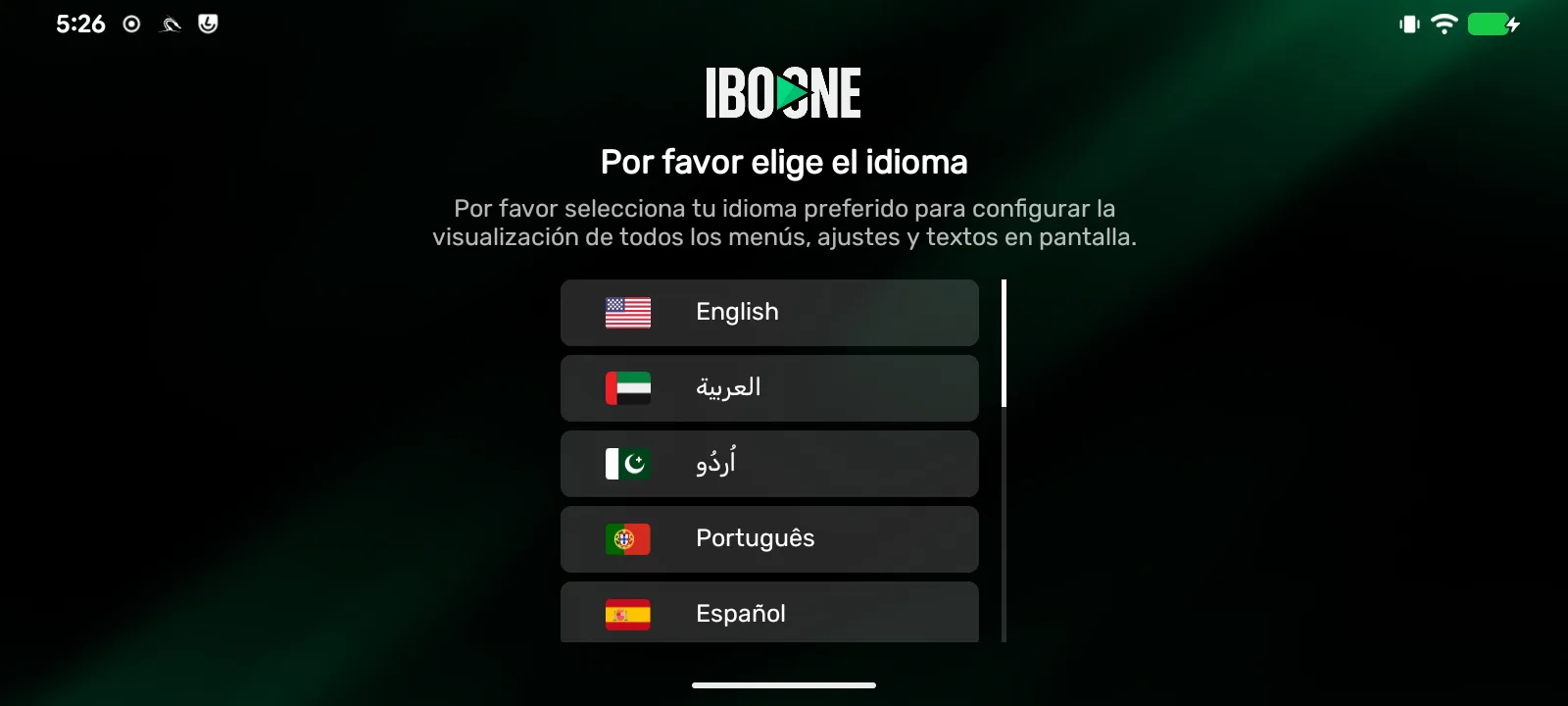 IBO ONE PLAYER languages screen
