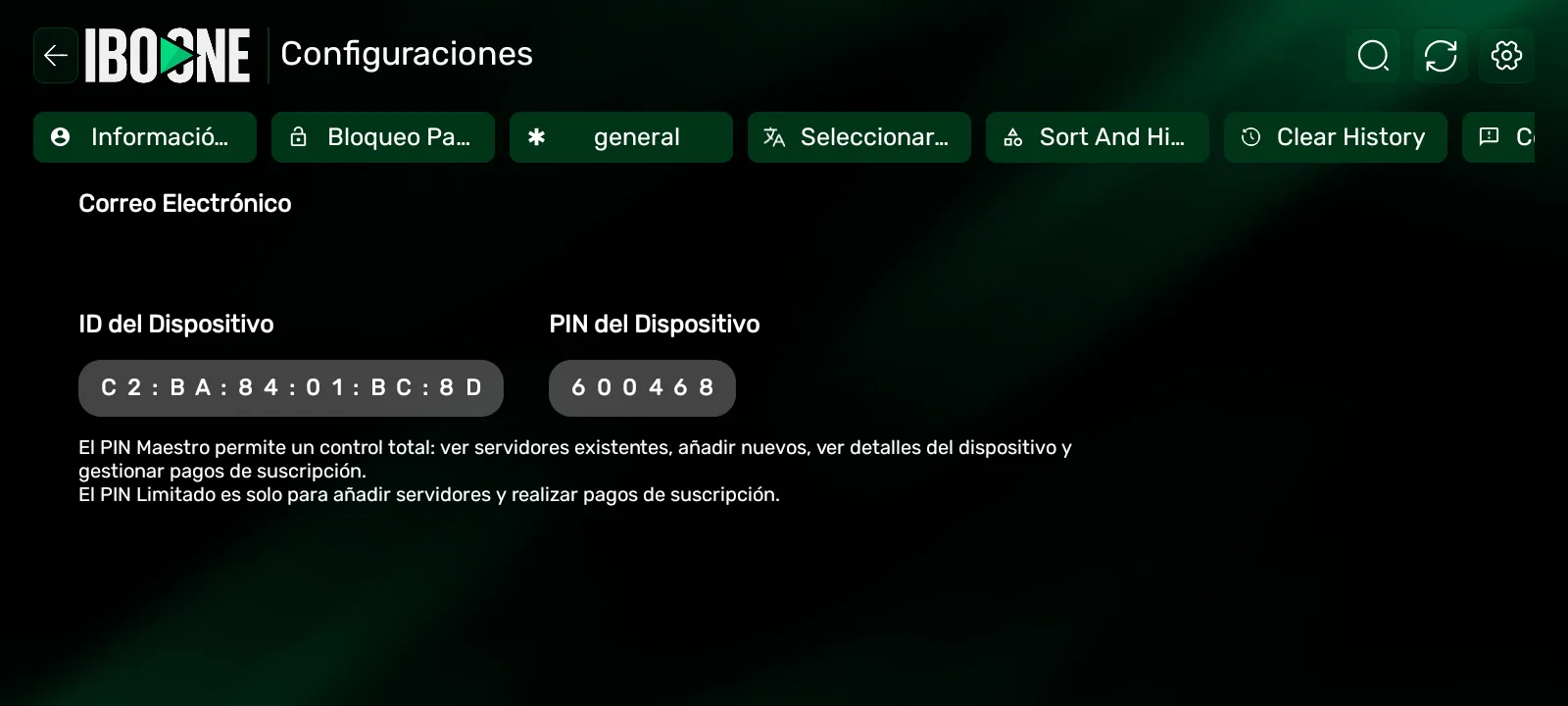 IBO ONE PLAYER settings screen