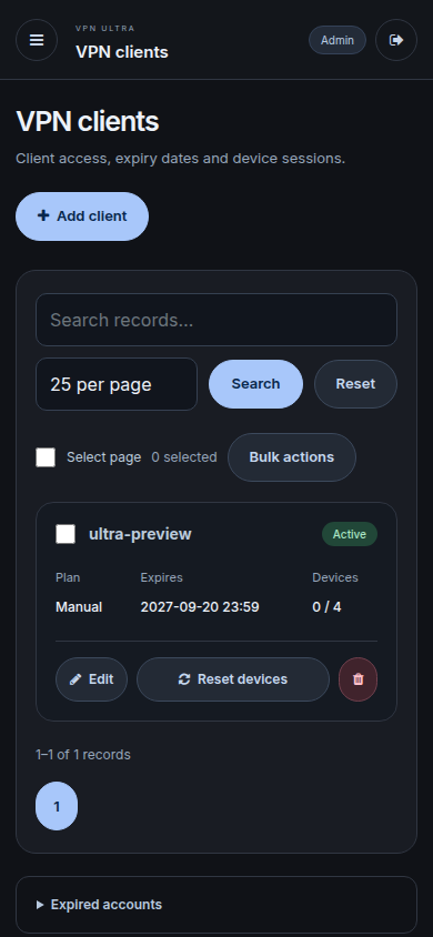 VPN ULTRA mobile client management