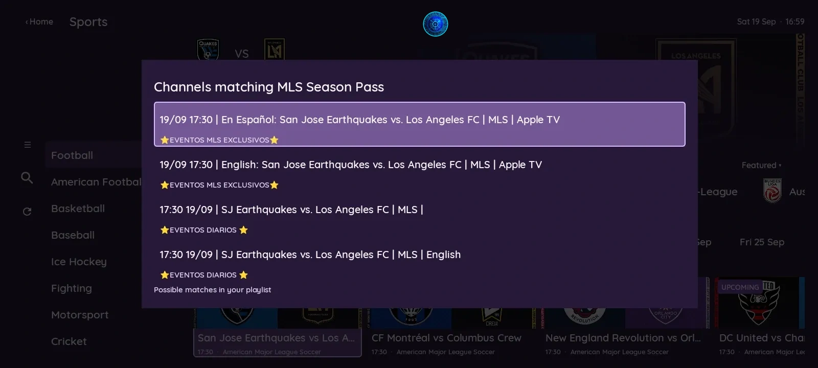 XCIPTV 2100 Purple sports playlist screen