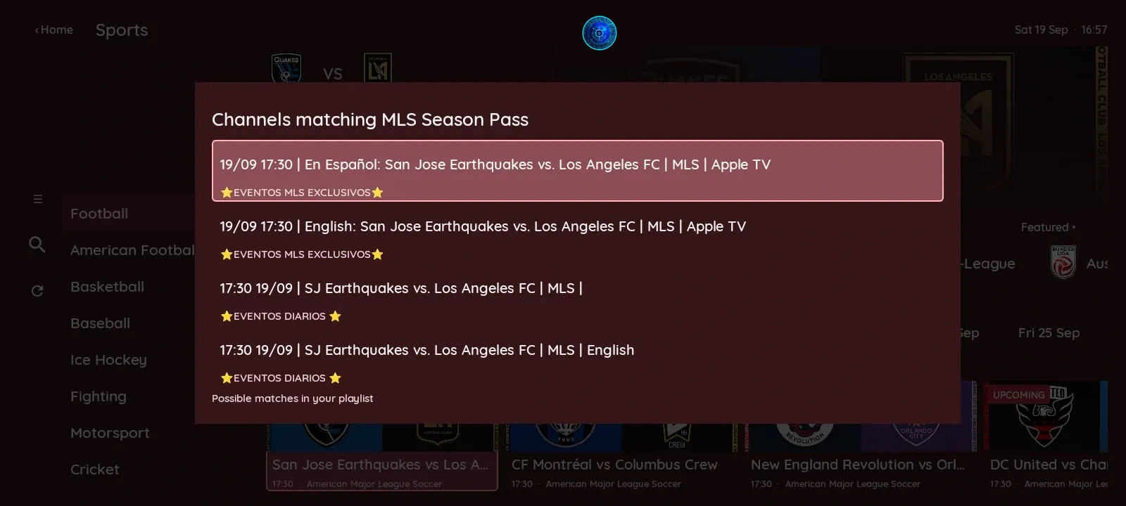 XCIPTV 2100 Red sports playlist screen