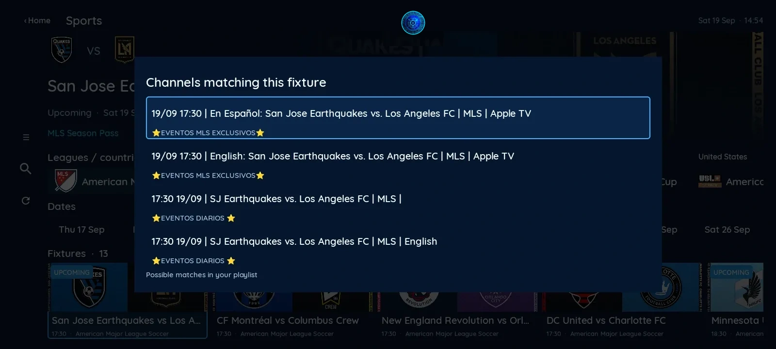 XCIPTV 2100 VPN MAC sports playlist screen