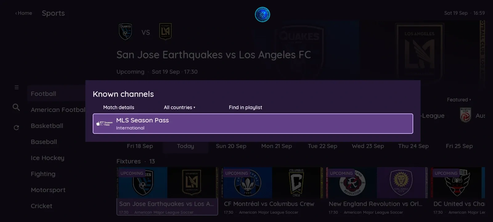 XCIPTV 2100 Purple sports channels screen