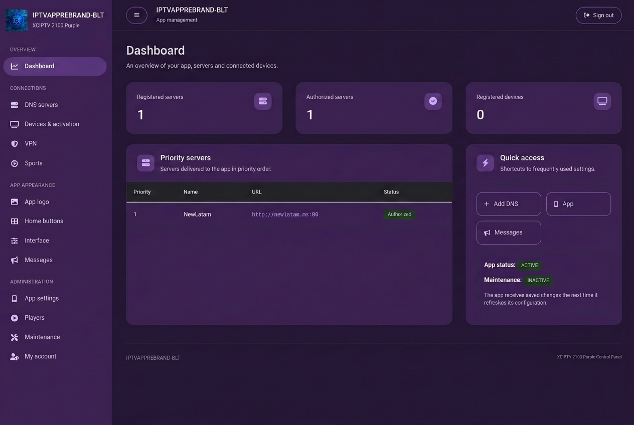 XCIPTV 2100 Purple BLT management panel