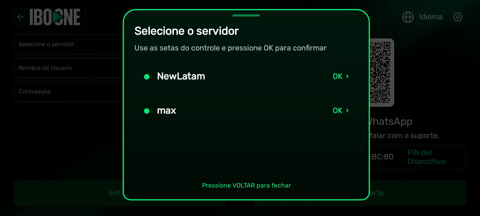 IBO ONE PLAYER server login screen