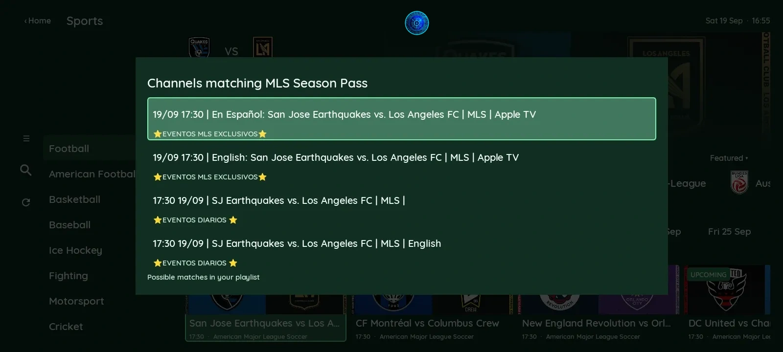 XCIPTV 2100 Green sports playlist screen
