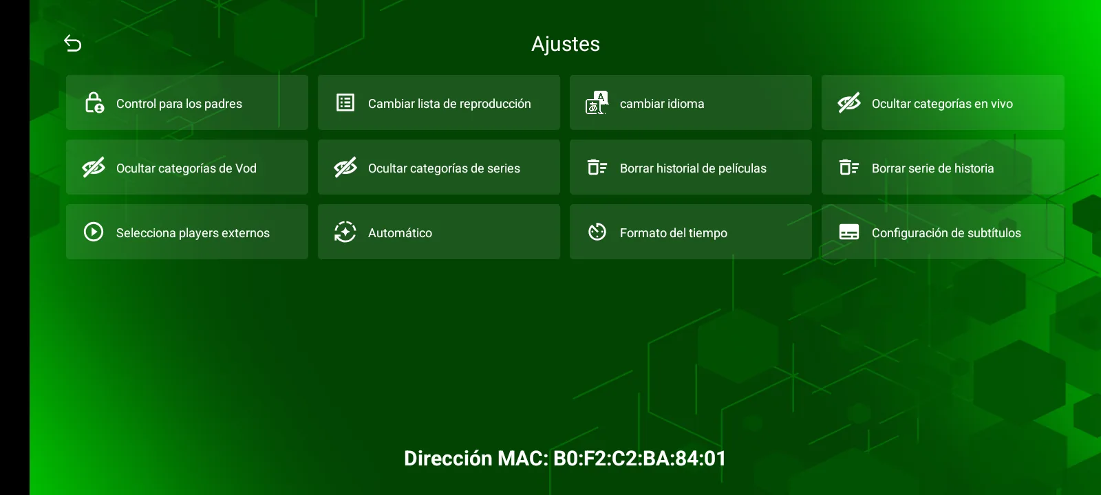 LPRO PLAYER PRO settings screen